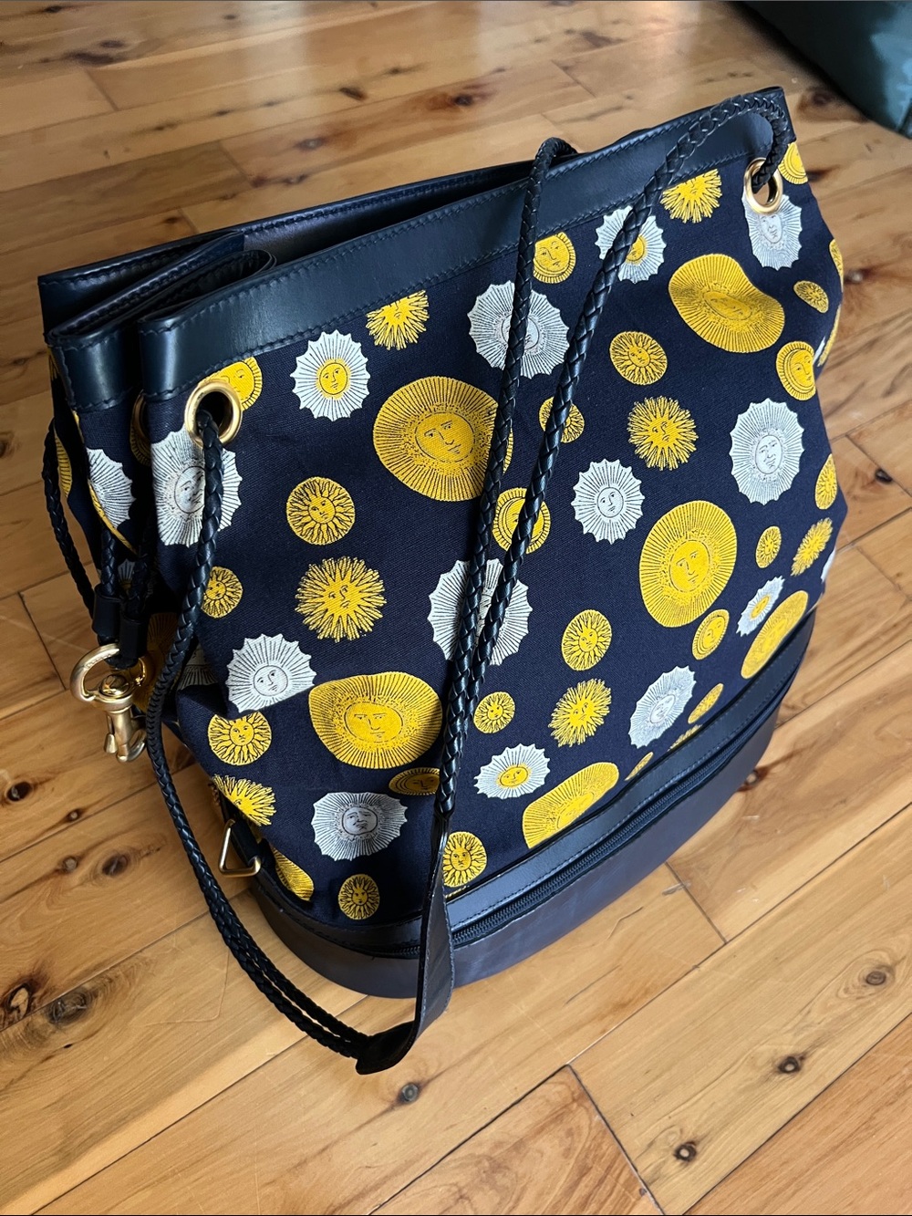 Vintage GUCCI Canvas &  Leather Drawstring Bucket Shoulder Bag, Moon & Sun Print